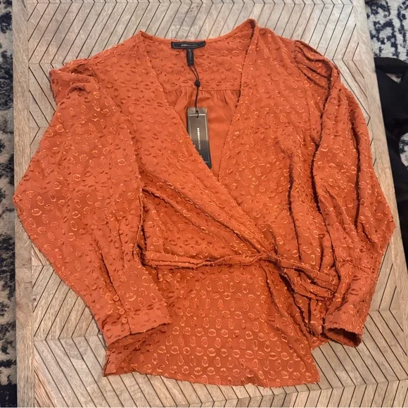 NWT BCBGMaxAzria Terracotta Textured Wrap Blouse - Picture 6 of 10